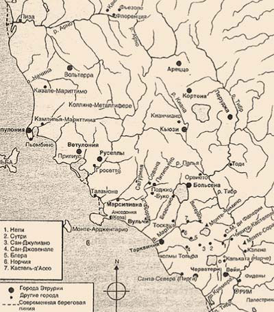 Основная зона обитания этрусков — древнего народа, создавшего развитую цивилизацию, предшествовавшую римской и оказавшую на нее большое влияние. Этруски подарили миру инженерное искусство, умение строить города и дороги, арочные своды зданий. Многое в их истории еще предстоит открыть, но версия о том, что этруски — это русские племена, вызывает у серьезных исследователей улыбку. Изображение: «Наука и жизнь»